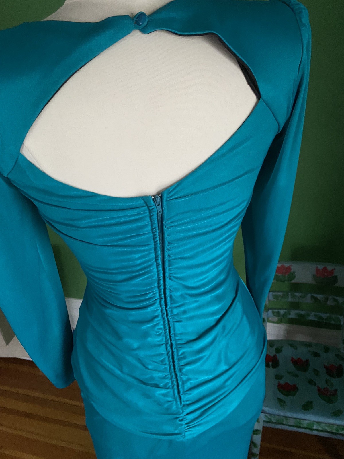 Vintage 80s Party A La Carte California USA Turquoise Mini Ruched Dress