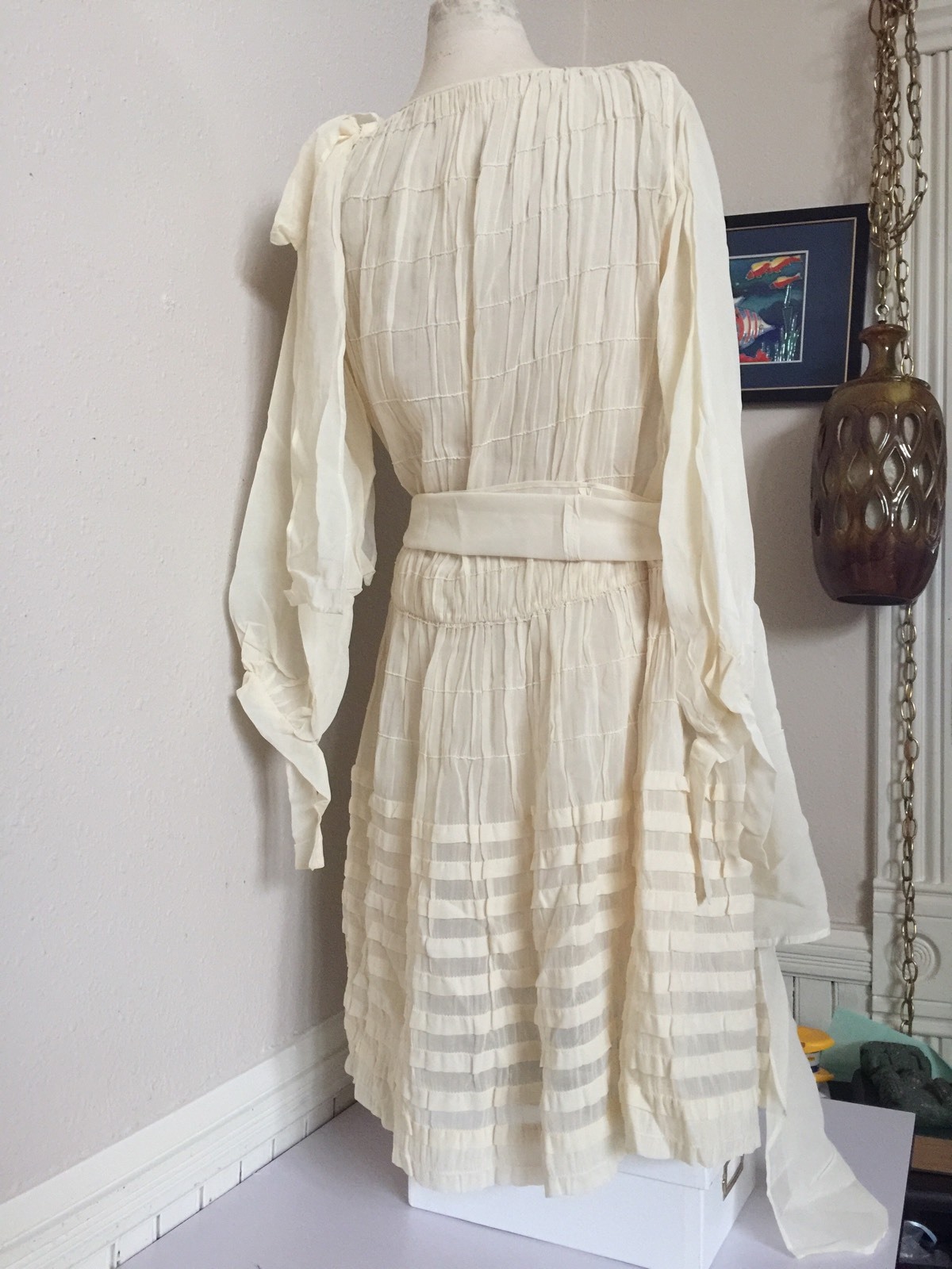 ART DECO 1920’s ANTIQUE CREAM FRENCH COTTON LIGHT SHEER FLAPPER DRESS WEDDING