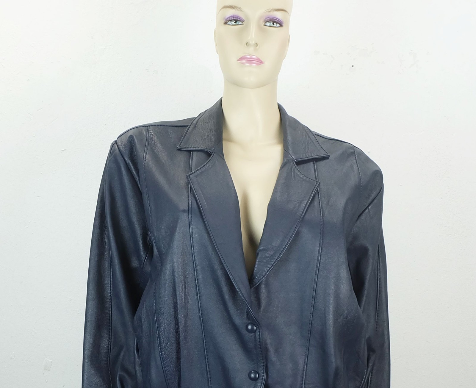 80s true vintage LEATHER JACKET blue oversized cut wide sleeves size S/M