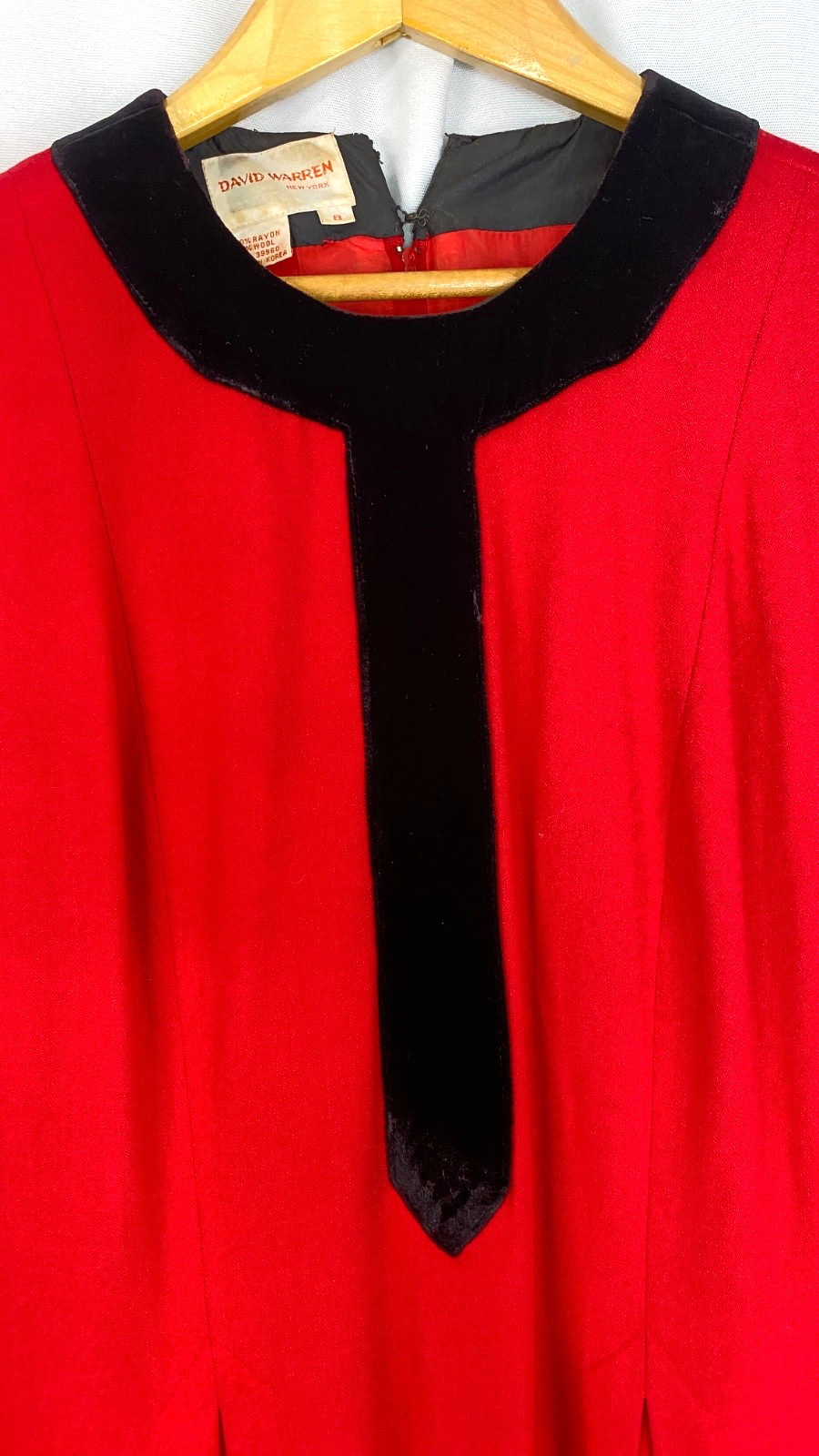 Vintage 1980s red midi dress M black velvet rayon wool long sleeve shift