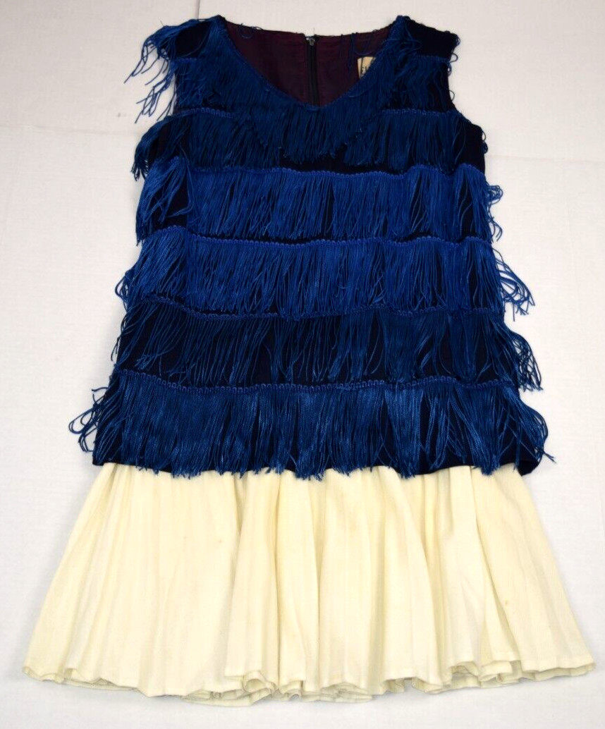 Vintage Flapper Dress Elegant Miss Size S/M 60s Silky Blue Tassels Ivory Ruffle