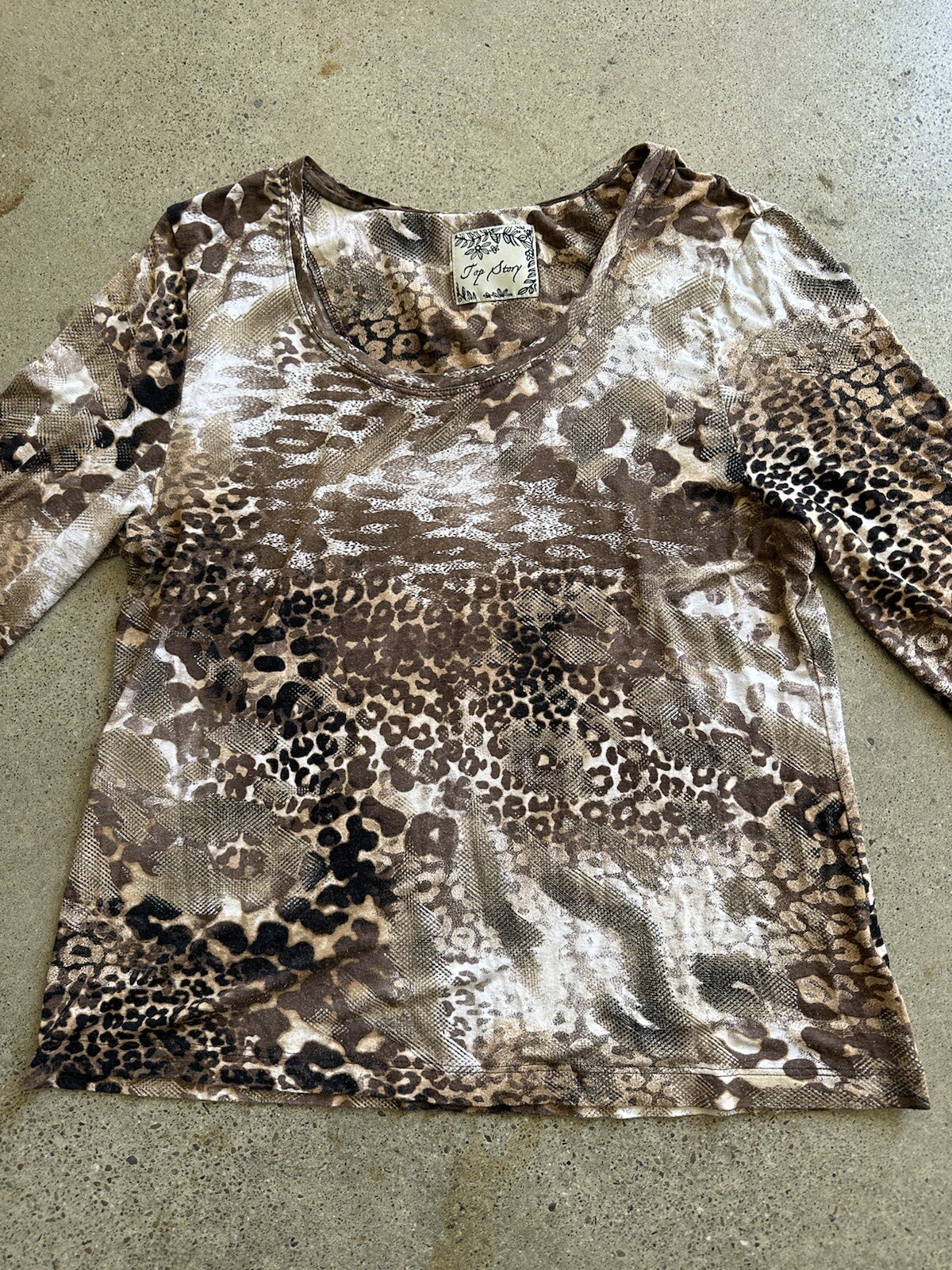Vintage Top Story Brown Rayon Blend Mixed Animal Leopard Snake Print Top Size L