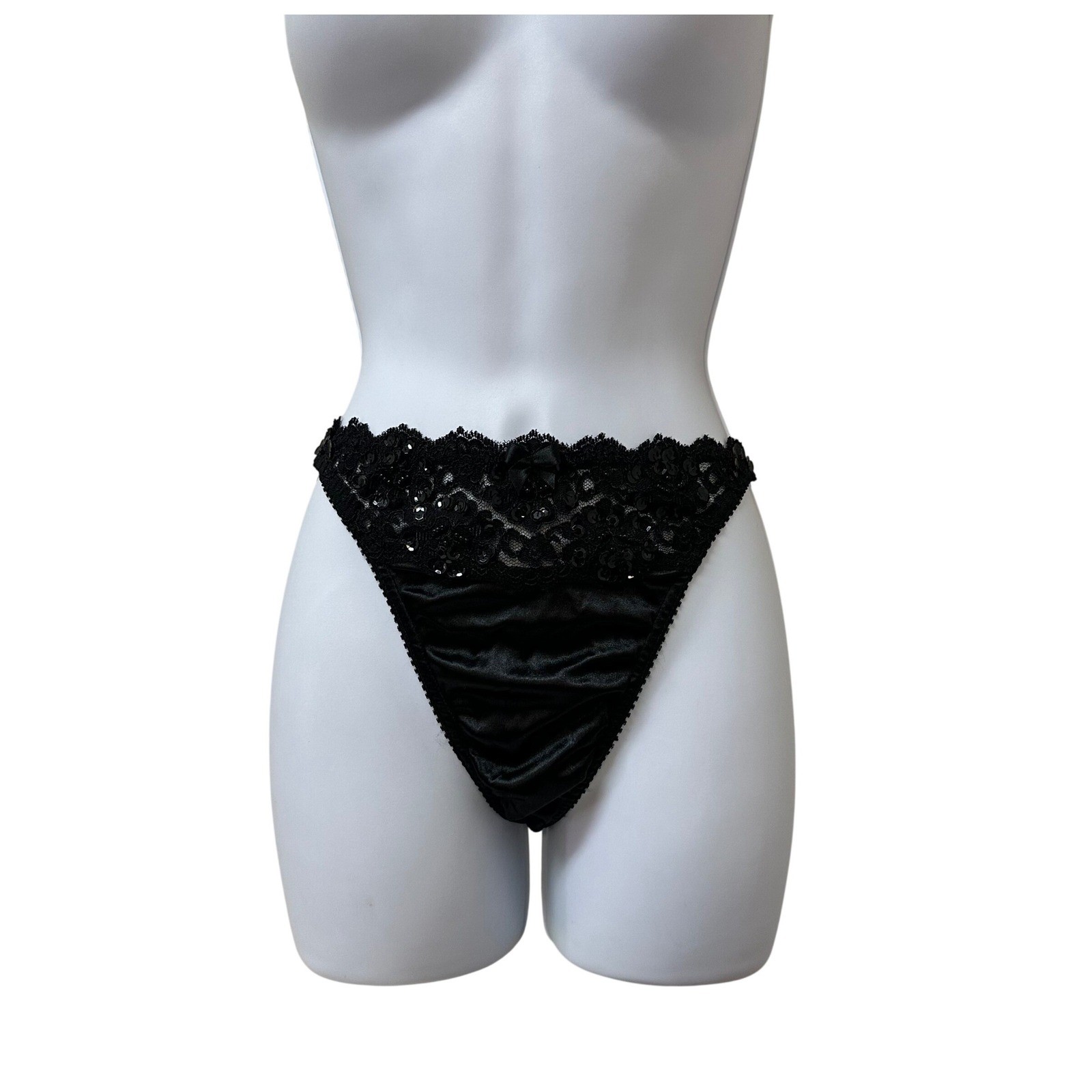 Vintage Victoria’s Secret Black Satin Lace Sequin Thong Panty 6304 NWT Medium
