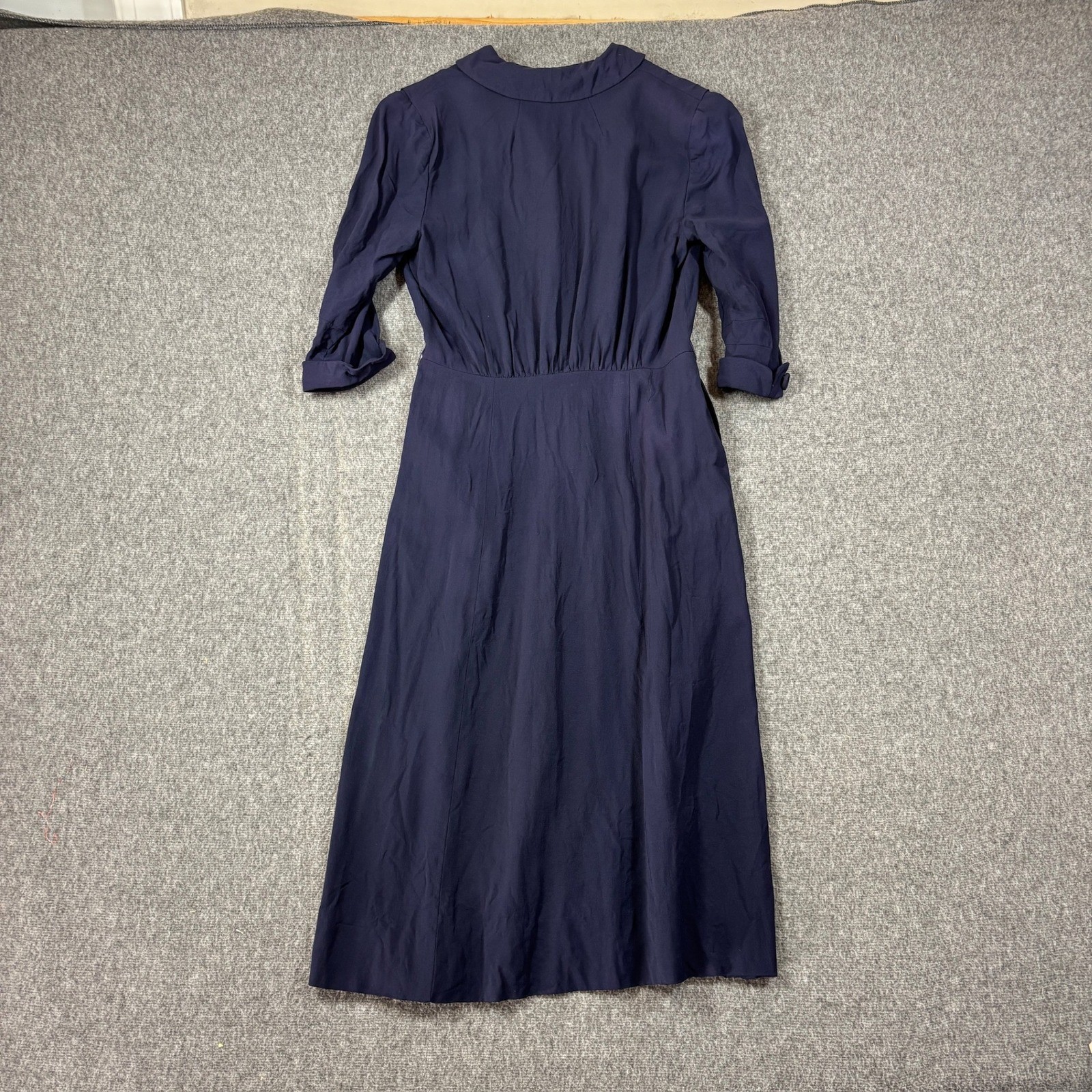 Vintage Paula Dean Originals Juliette Navy Blue Scalloped Collar Midi Dress 40s