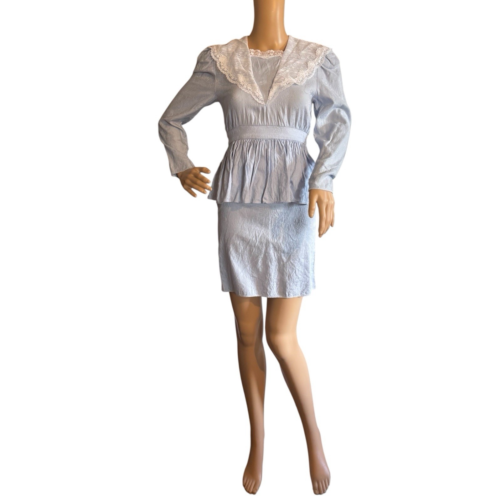 Gunne Sax Mini Blue Dress Womens Size 8 (2) Peplum Waist White Lace Vintage