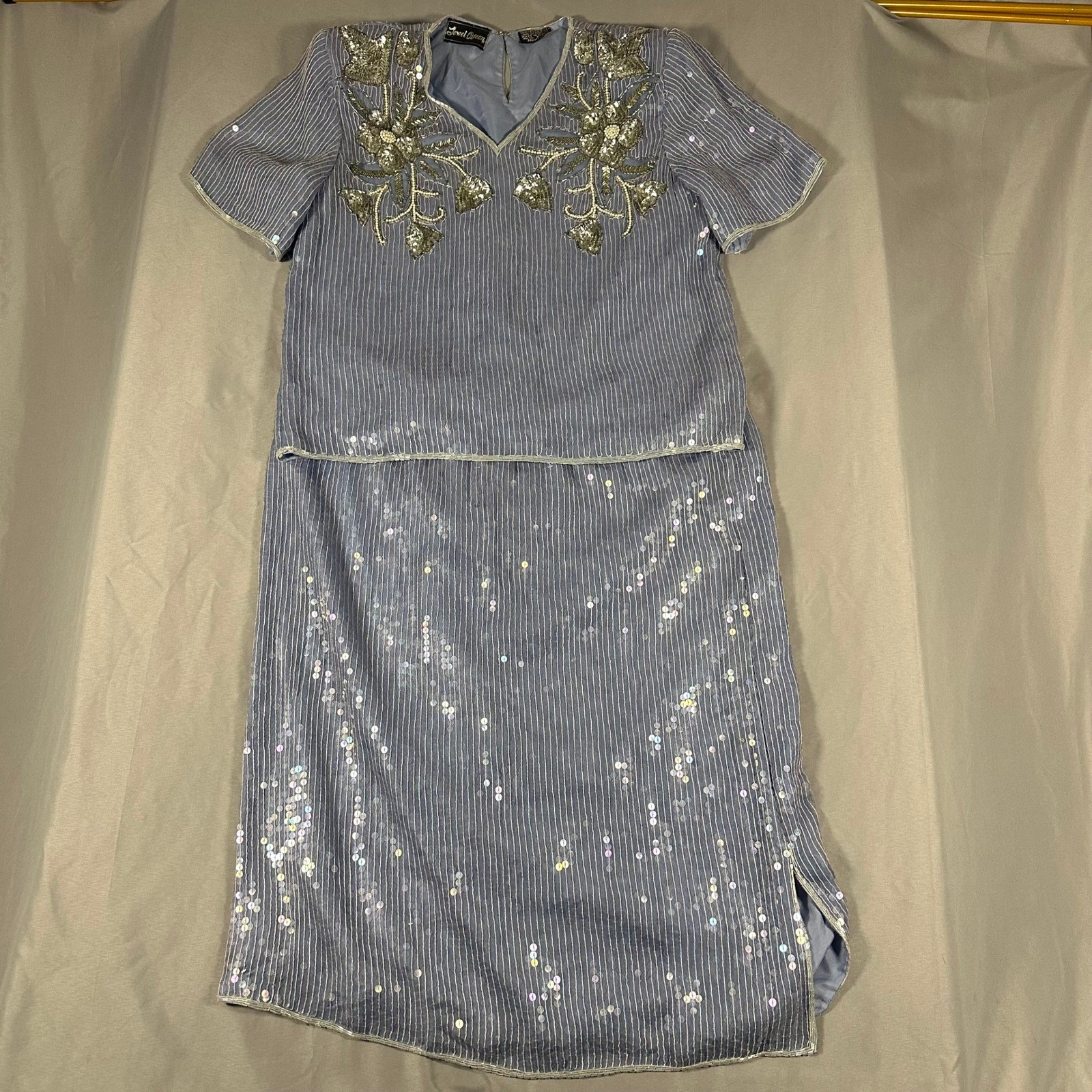 Jewel Queen Silk Beaded Sequin 2 Piece Skirt Set Medium Blue Waist 19″ Flat