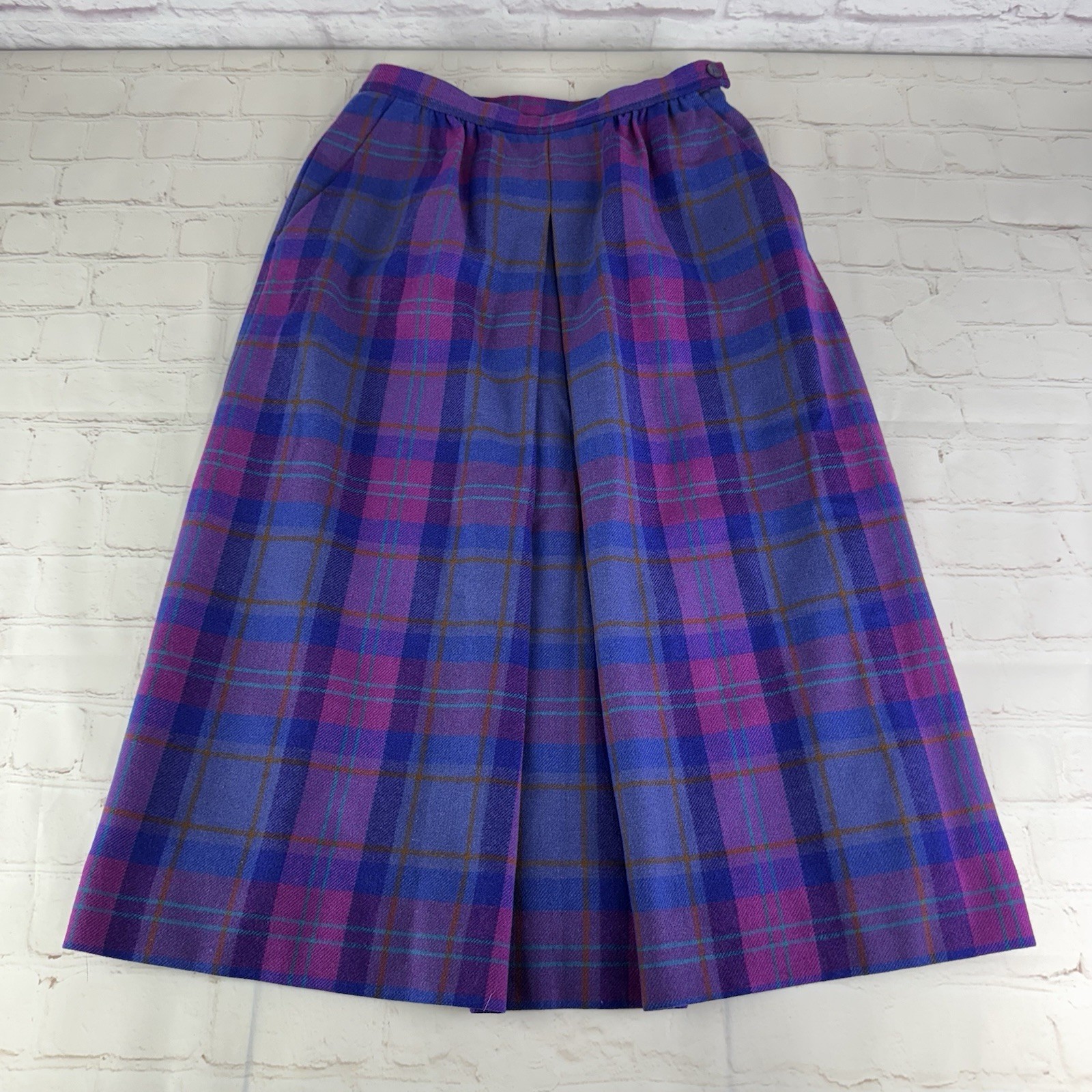 Vintage Pendleton Purple Plaid 100% Virgin Wool Made in USA Midi Skirt Size 10