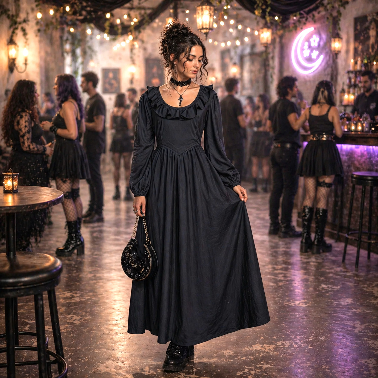 Dark Romantic Vintage 1970s Black Maxi Dress – Ruffle Collar Goth Gothic Witchy