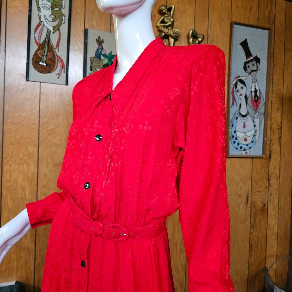 Vtg 80s Silk Jacquard Secretary Liz Claiborne Lipstick Red Femme Boss Dress S/M