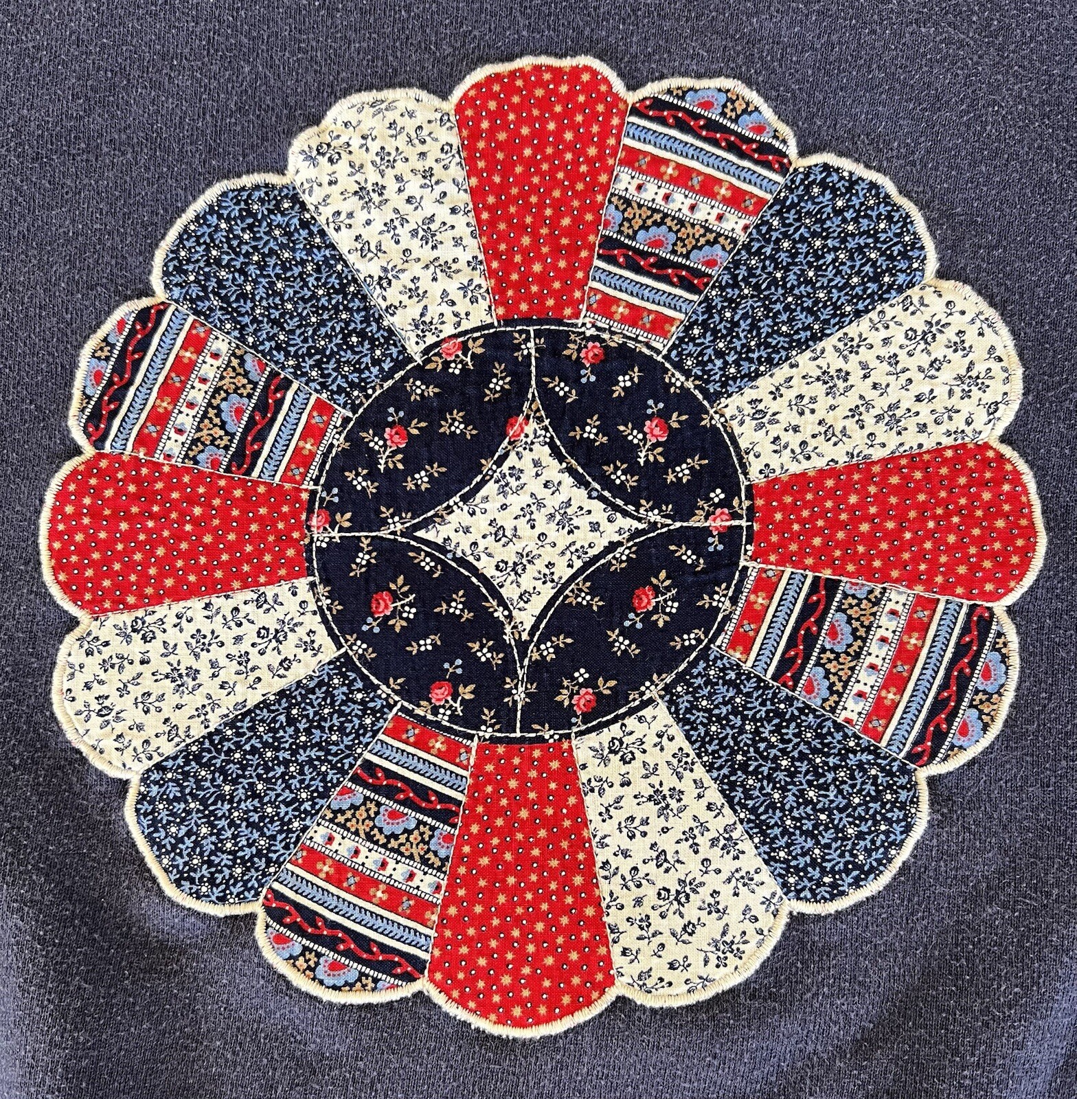 Grandmacore VTG Sweatshirt Blue Quilt Patch Cabin Large Crewneck Pullover