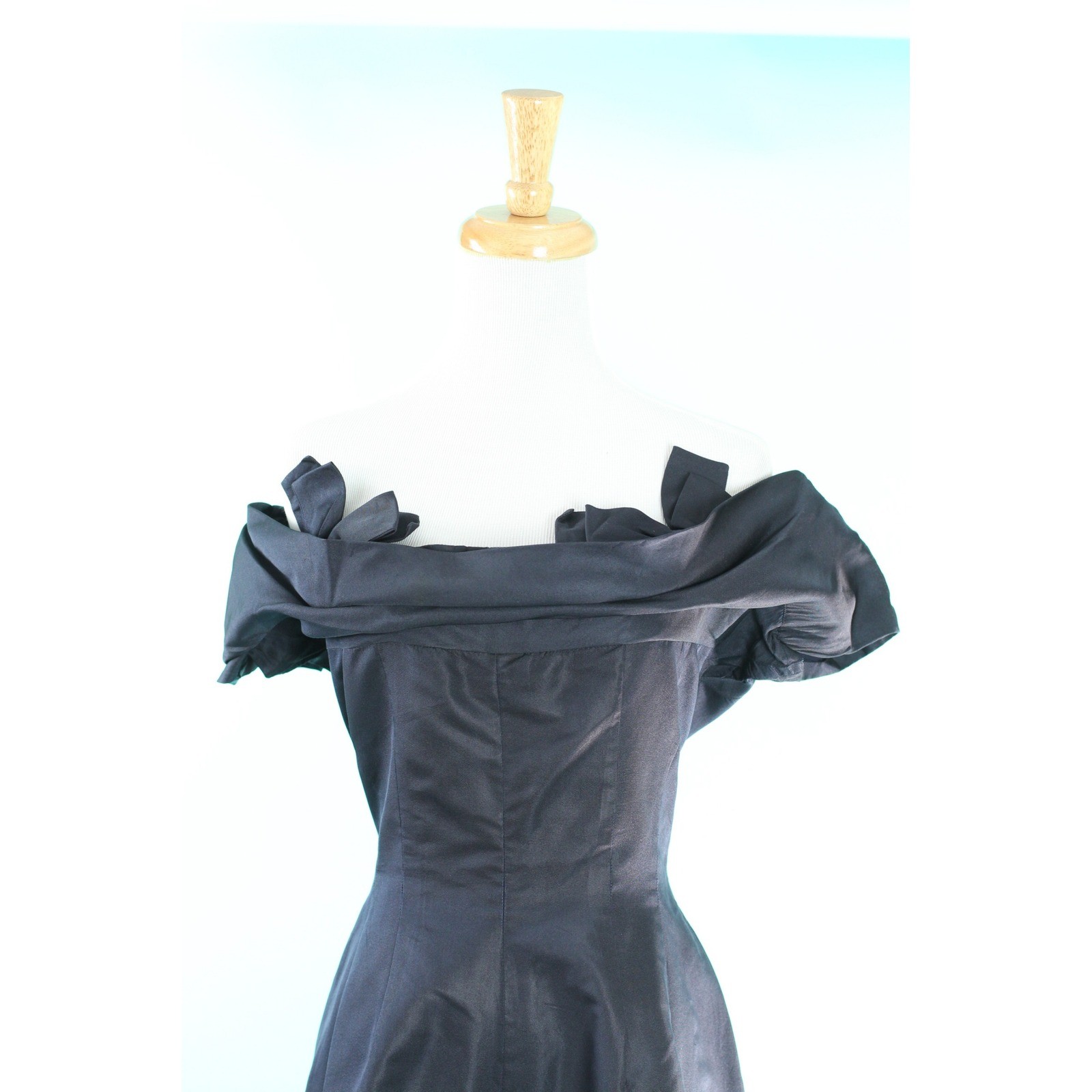 Vintage 1950s Black Silk Portrait Neckline Bow Cocktail Dress Mid-Century Modern