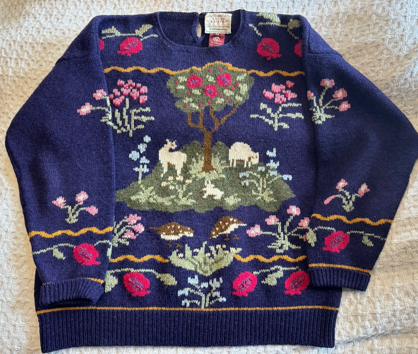 Vintage Susan Bristol Hand Embroidered Pastoral Animal Sweater 1989 Wool 38