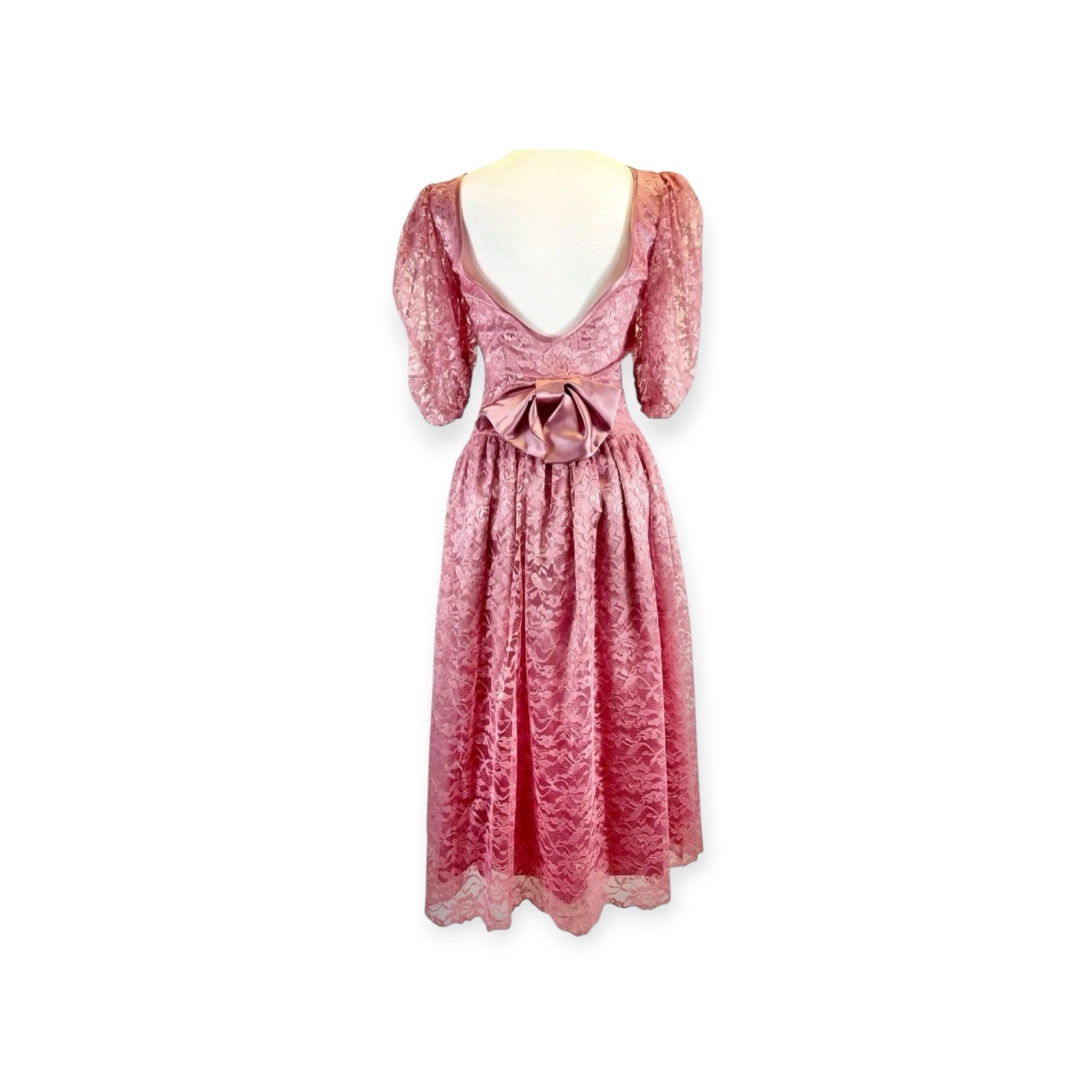 VINTAGE 1980s PRETTY PINK LACE NEW WAVE PUFF SLEEVE PROM PARTY DRESS VICTORIAN