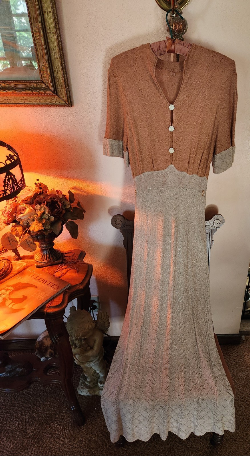 Vintage 1930s Two Tone Tan Knit Rayon Dress S