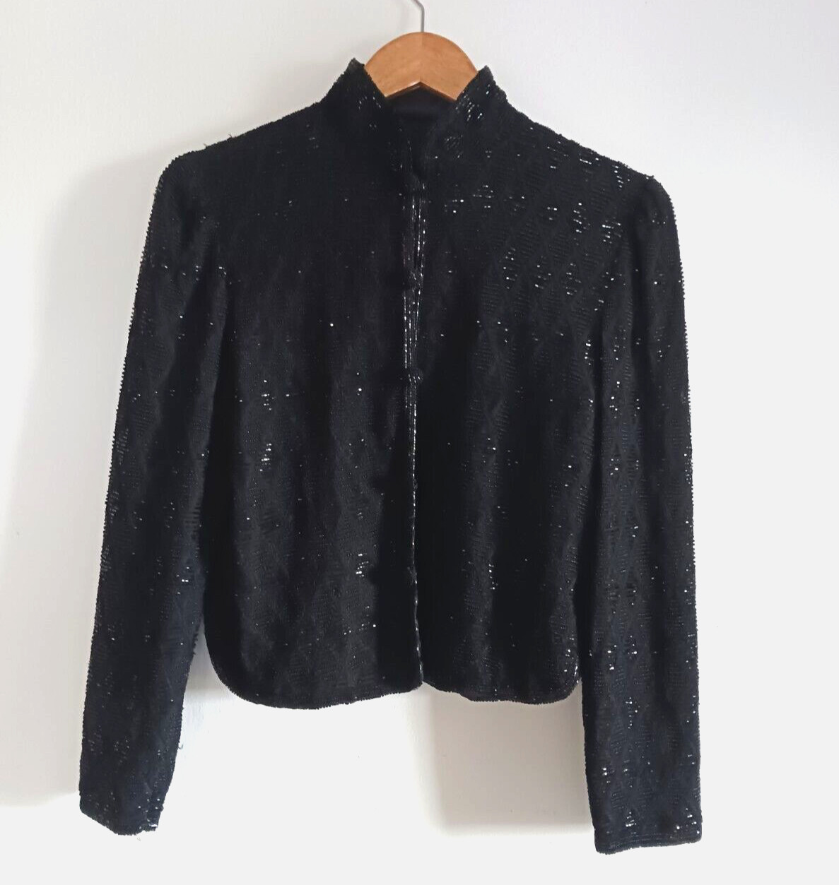 VTG Black Beaded Jacket Embroidered Diamond Pattern High Quality Small