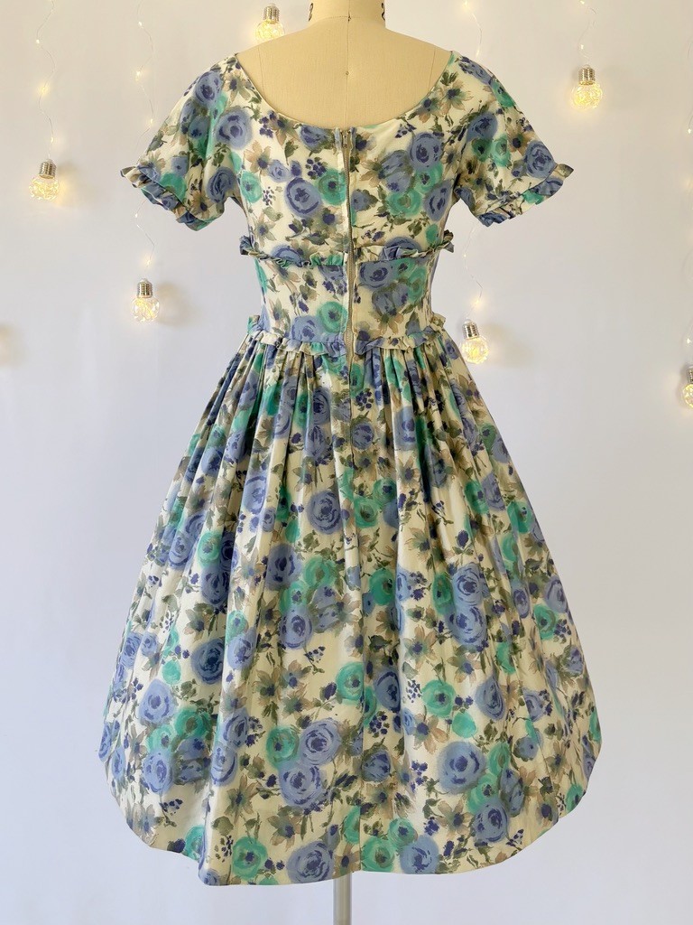 Vtg 50s 60 Blue Watercolor Floral Print Fit Flare Dress Short Sleeve Ruffles XS