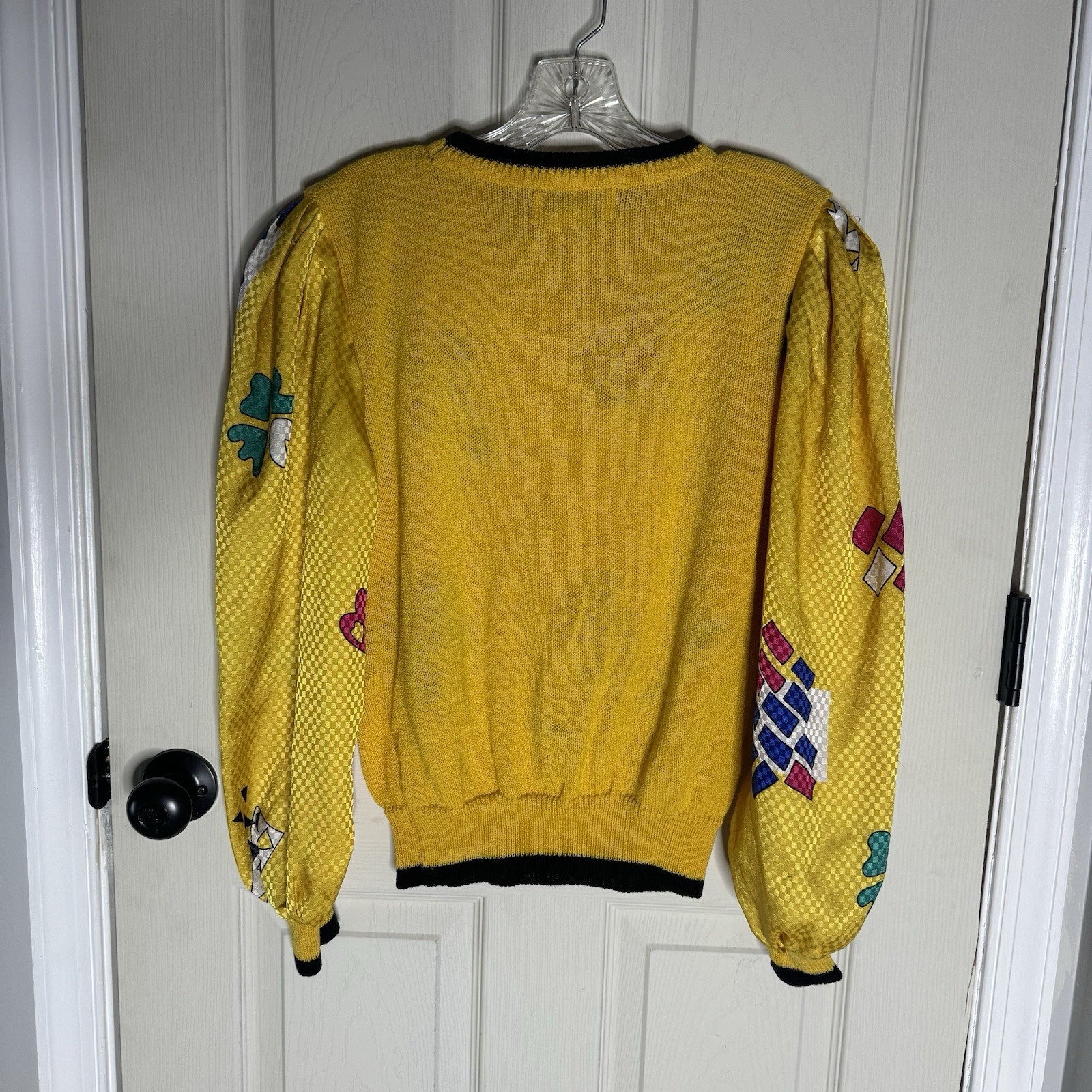 80s 90s Jaymee Papell Yellow blue geometric funky Satin Sleeve sweater Size M #2