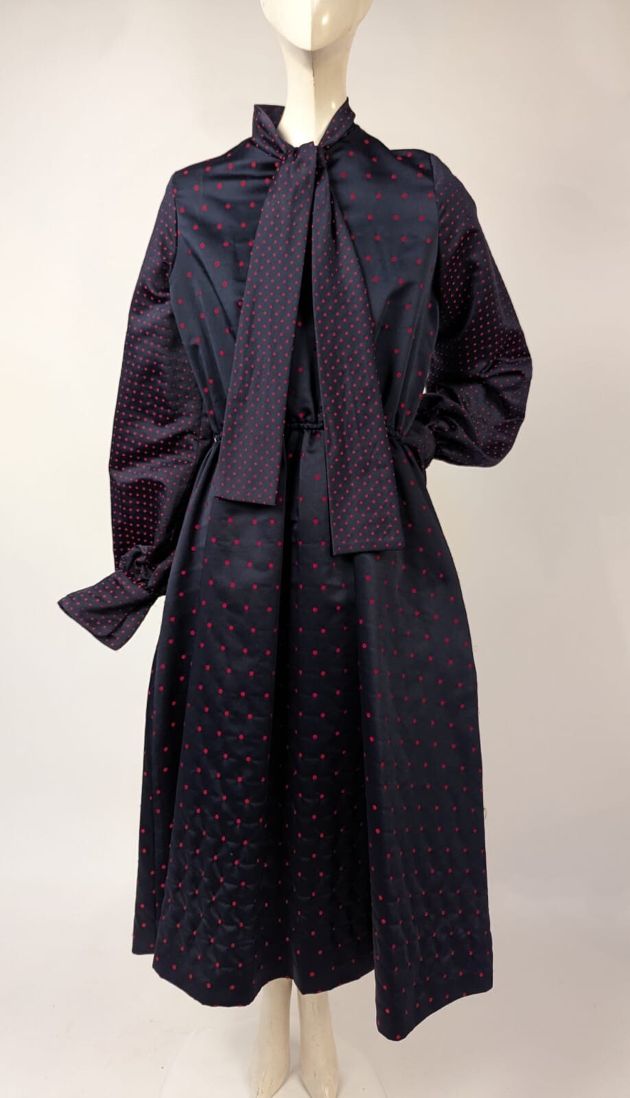 VINTAGE 1970’S POLKA DOT SATIN COCKTAIL DRESS W LG BOW BY ROBERT DAVID MORTON