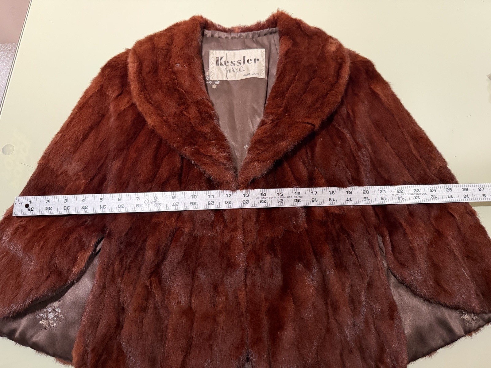 Vintage KESSLER Furrier St Louis Dyed Dark Red Mink Fur Shawl Collar CAPE PONCHO