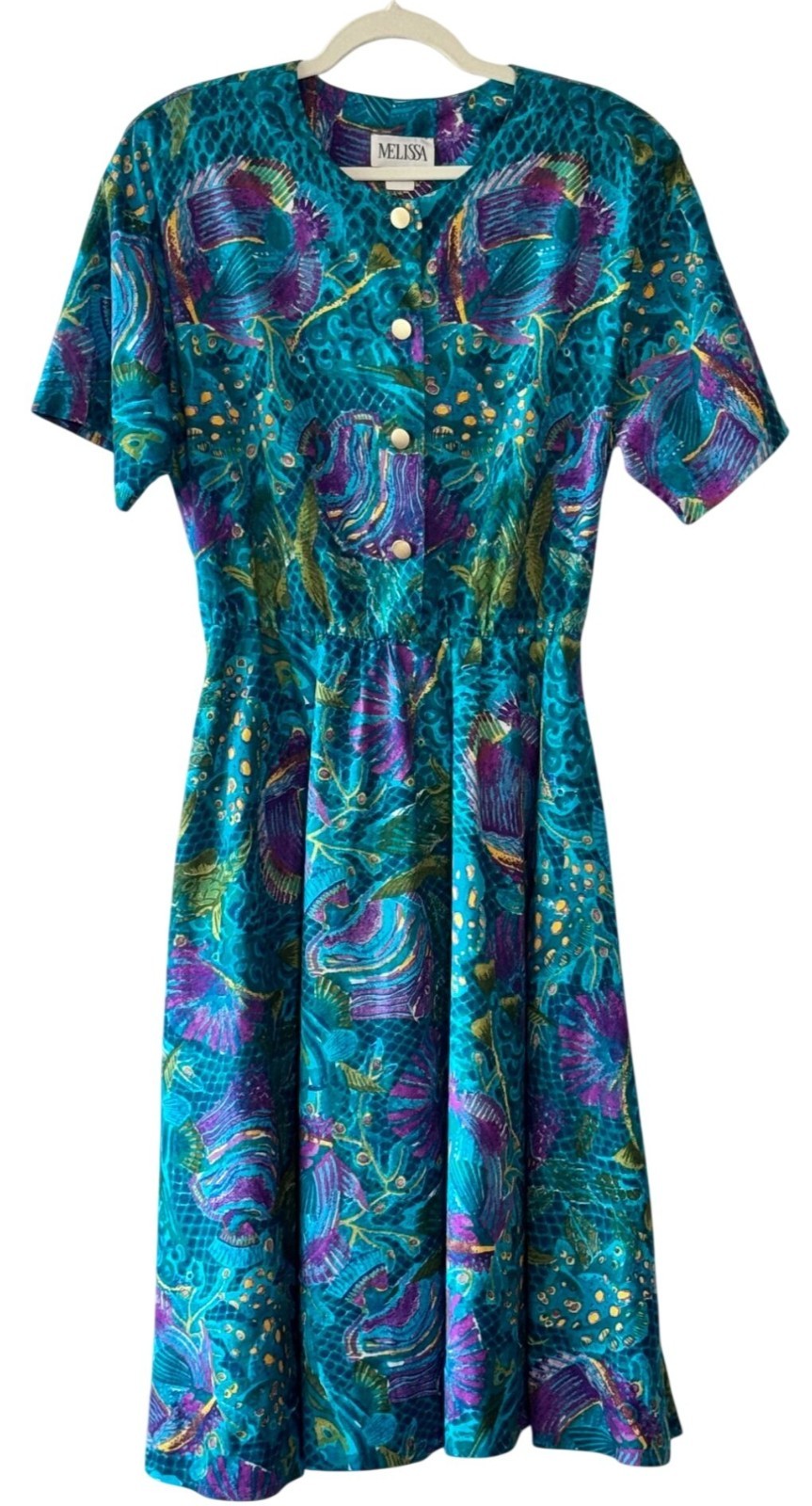 Vintage 80s Melissa Teal Abstract Tropical Print Midi Dress Pockets – Modern Lar