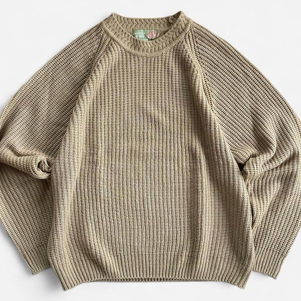 Vintage American Weekend Tan Acrylic Knit Pullover Sweater XL Cozy Cottage