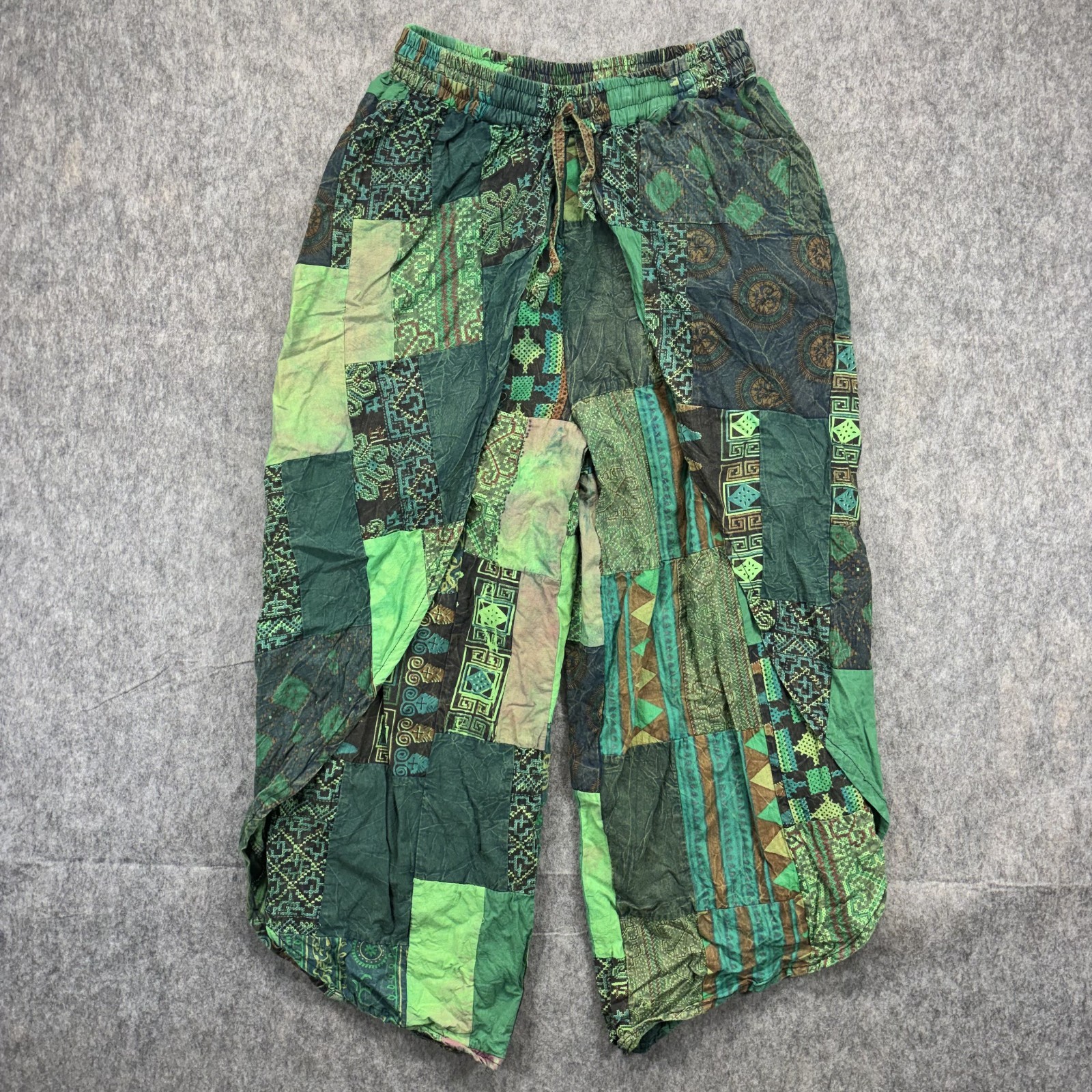 Vintage Kirat Pants Hareem One Size Patchwork Green 100% Cotton Patchwork Boho
