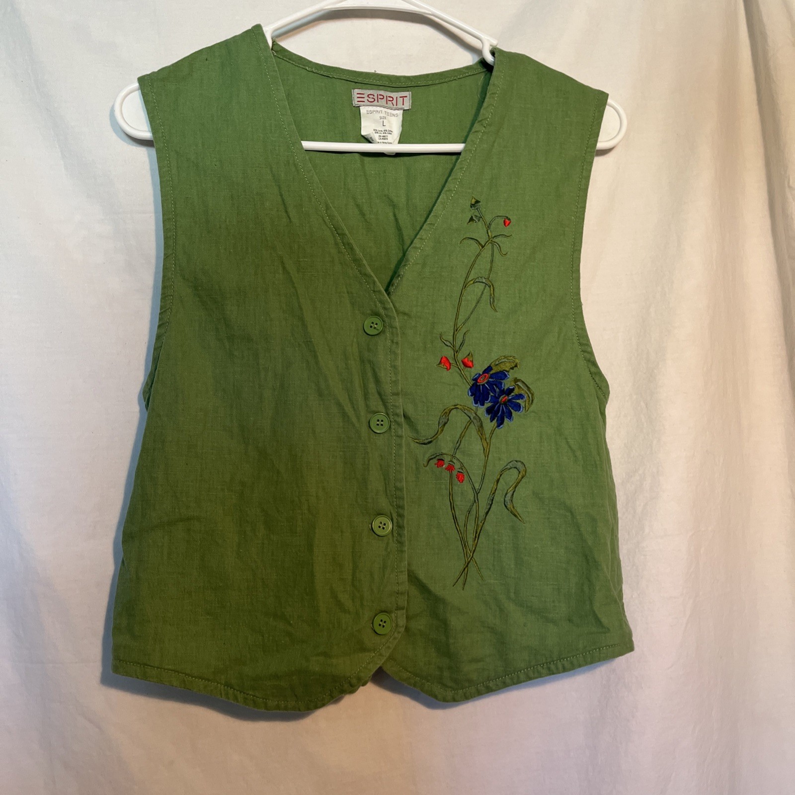 Vintage Esprit Teens Green Vest Size L Embroidered Floral 90s Y2K