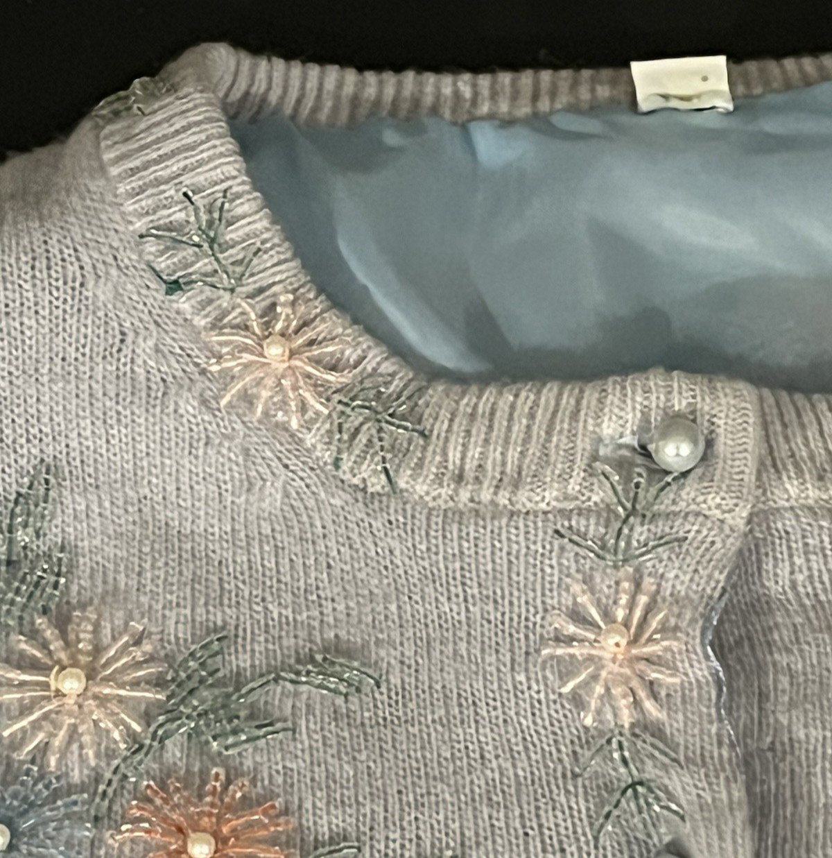 50s 60s VTG Beaded Sweater Top Long Sleeve Lined Rockabilly sz 48, Pale Blue
