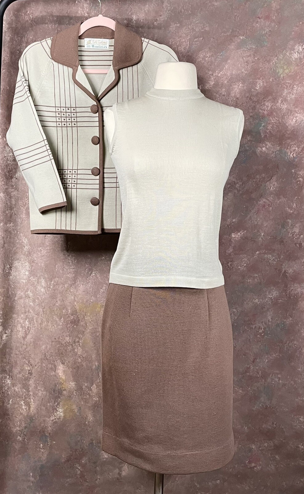 Fully Fashioned Harilela’s Vintage Brown Wool Knit 3 piece Skirt Suit