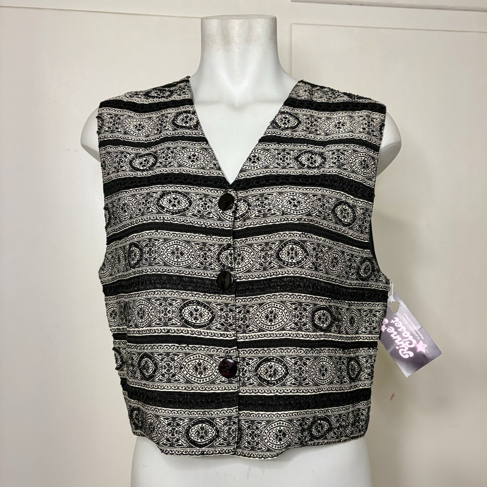 Vintage 90s Black White Embroidered and Beaded Tapestry Button Up Vest