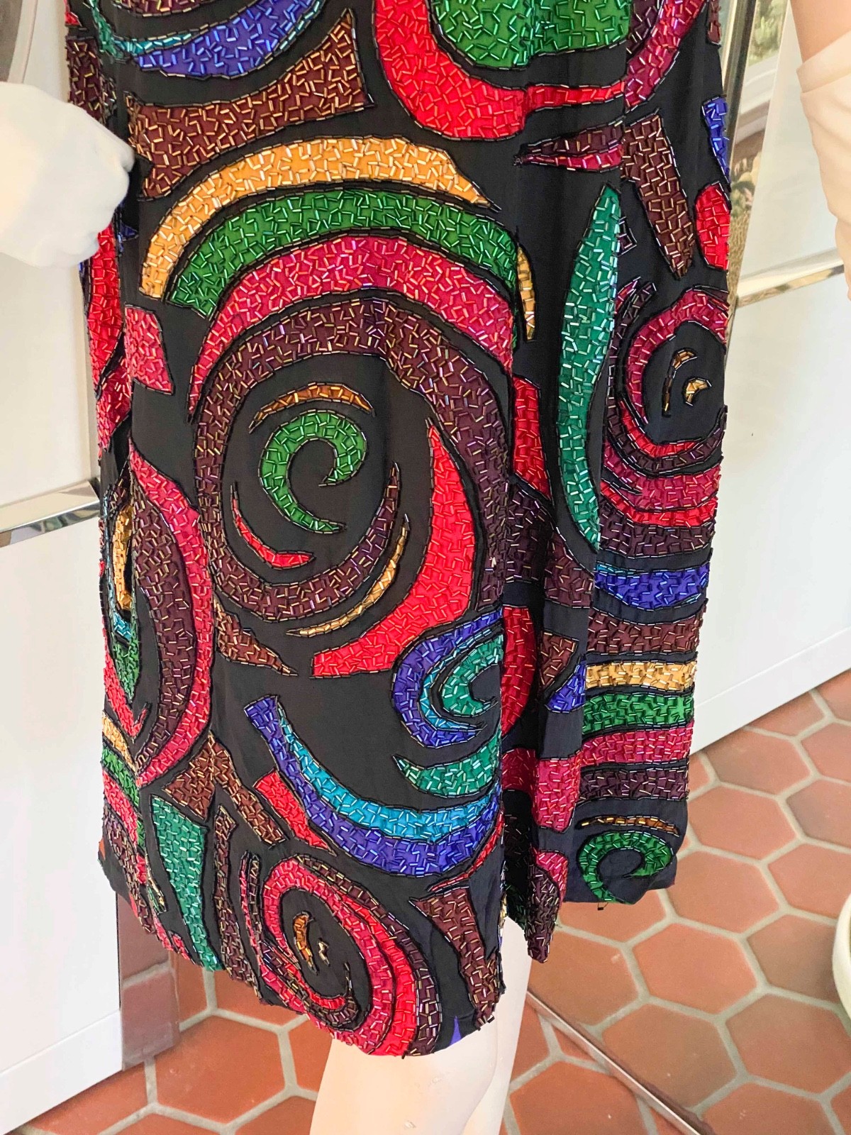 VTG 70s Black Silk Multicolor Psychedelic Beaded Dress 10 Unique A LINE