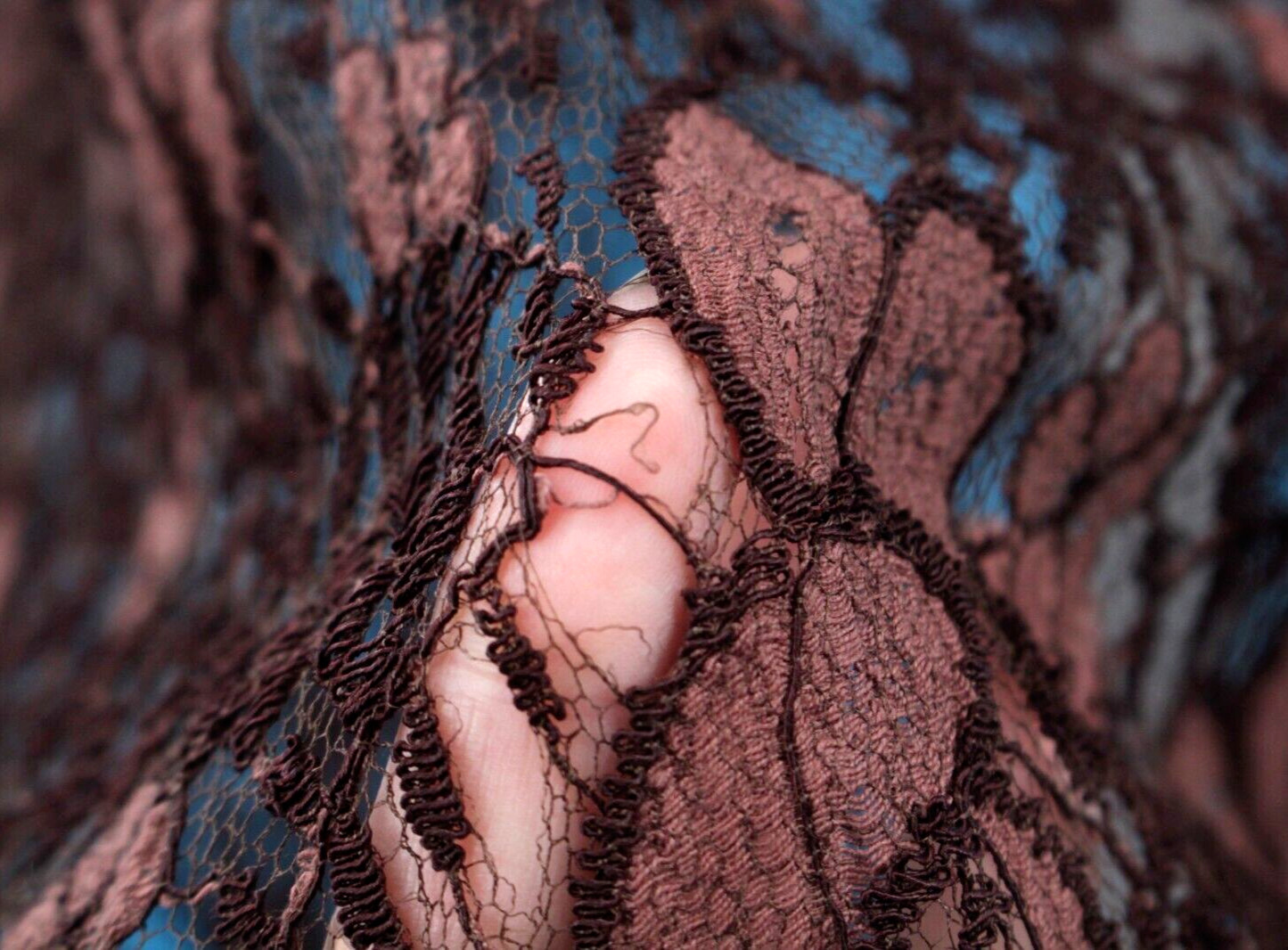 VTG Women’s 30s Brown Floral Lace Maxi Dress W/ Tulle Trim Skirt Sz S/M 1930s