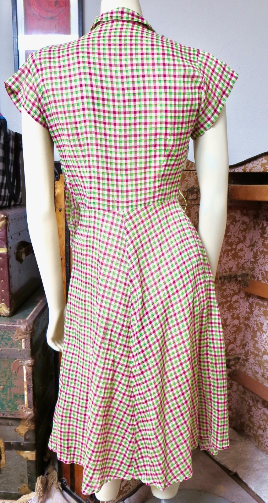 1930s Pink And Green Gingham Check Dress Button Front Needs Hook & Eye S/M