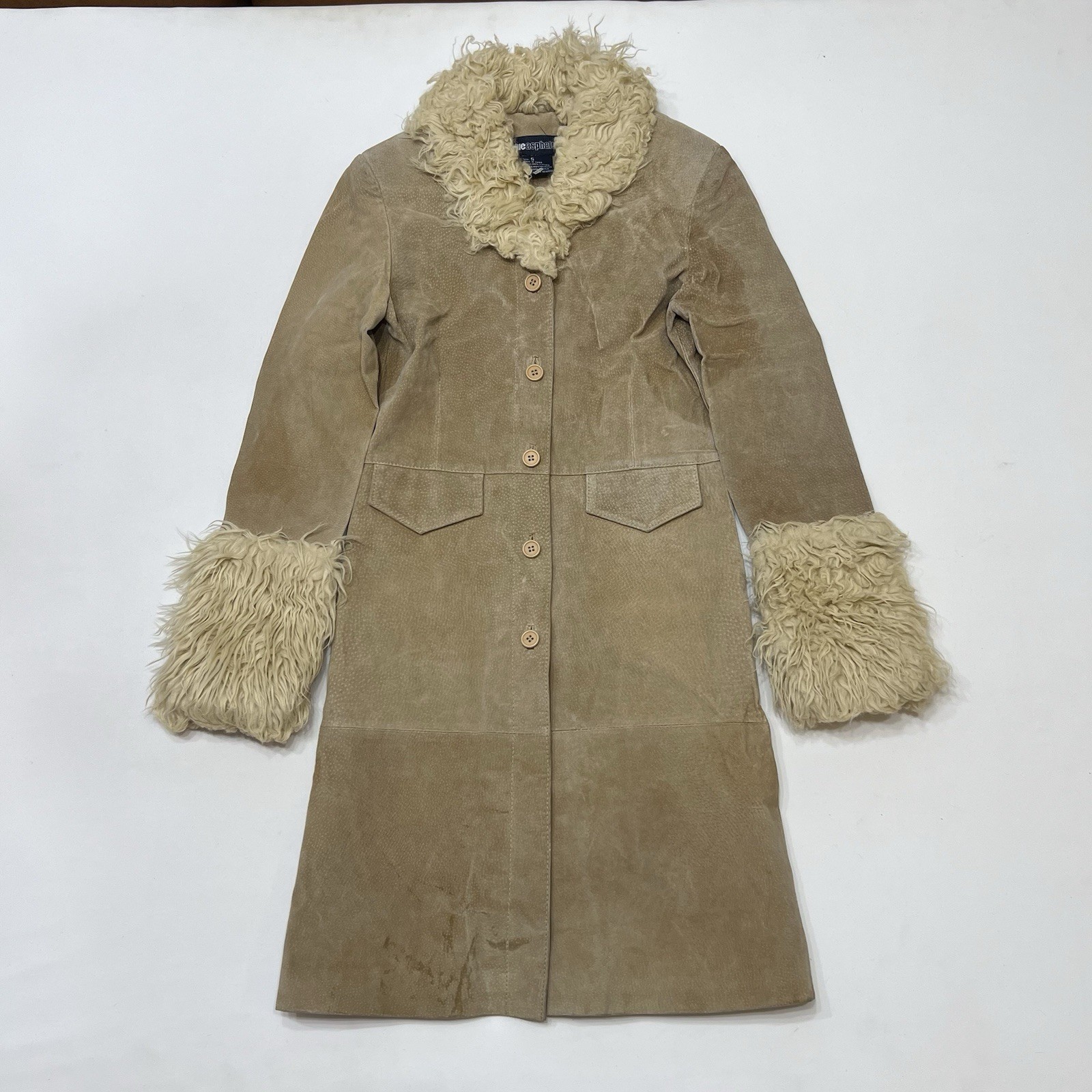 Vintage Blue Asphalt Penny Lane Coat Tan Suede Leather Faux Fur Trim size Small