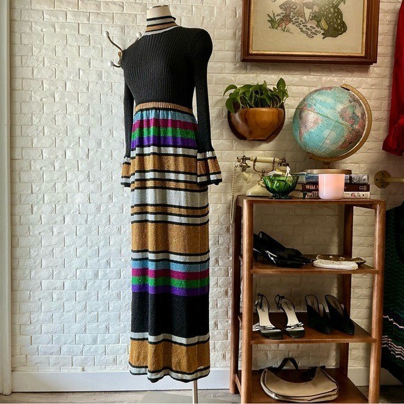 Vintage 1970s Italian Metallic Striped Colorblock Glitter Lurex Ribbed Knit Gown