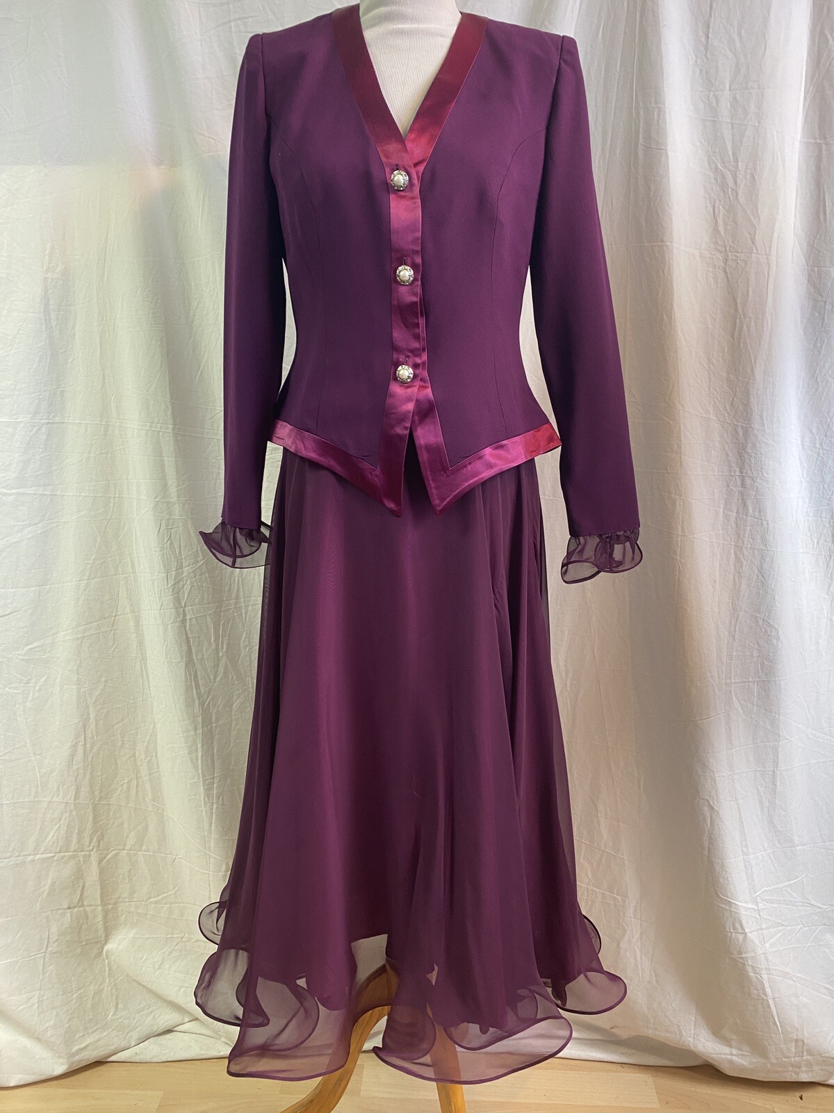 Vtg Cache Cocktail Suit Satin Trim Crepe Chiffon Flared Skirt Fitted Jacket 8