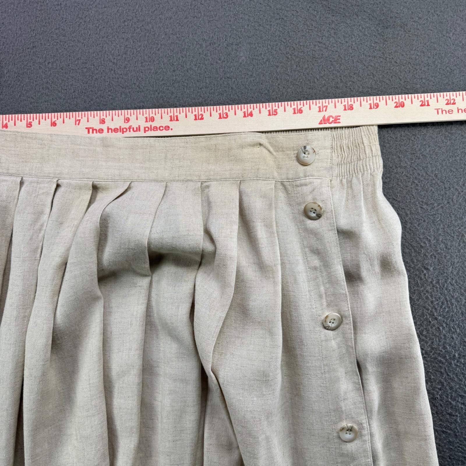 Vintage Kathryn Deene Skirt Women XL Beige Linen Blend Pleated Button Classic