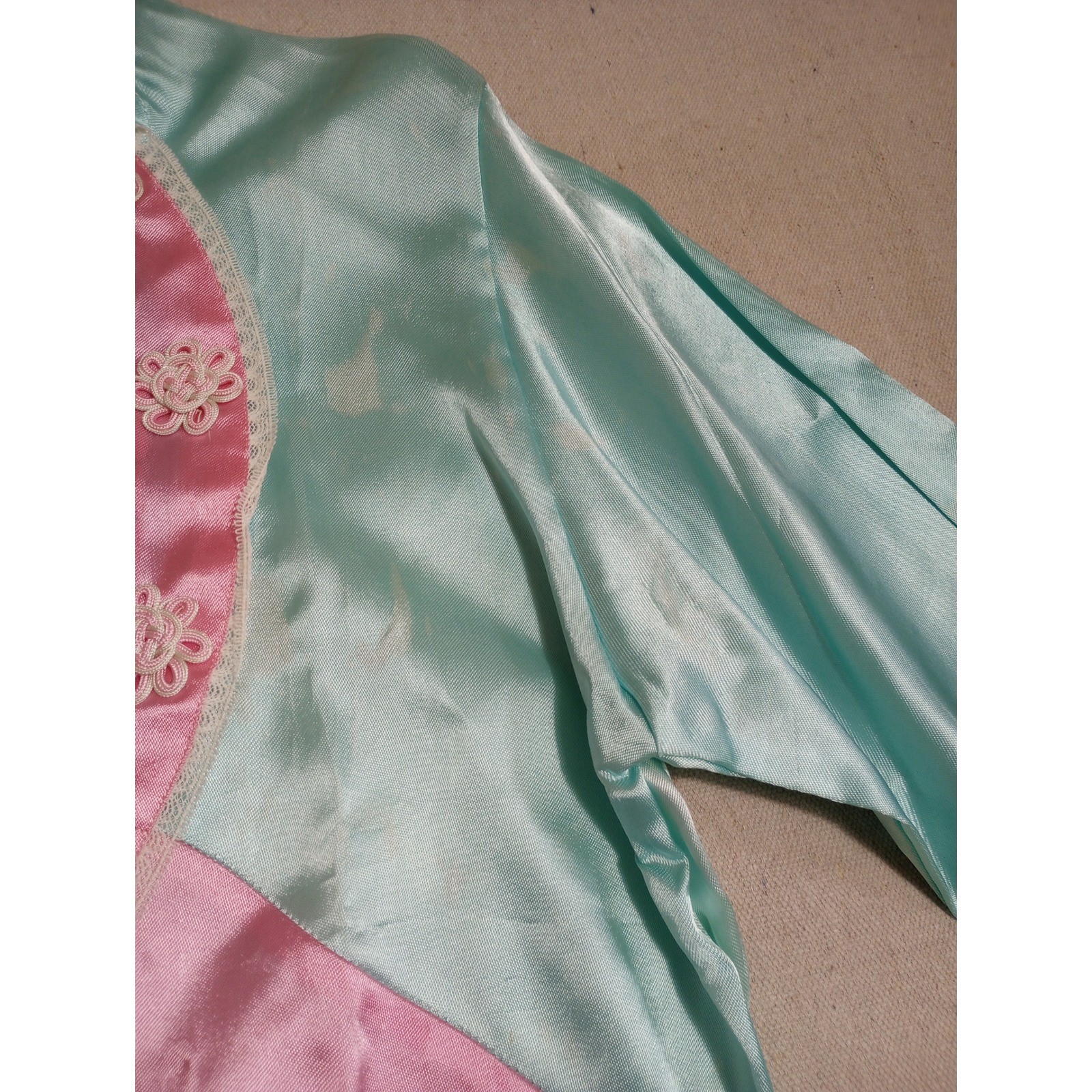 Vintage Pink Aqua Satin Dragon Embroidered Blouse Mandarin Collar