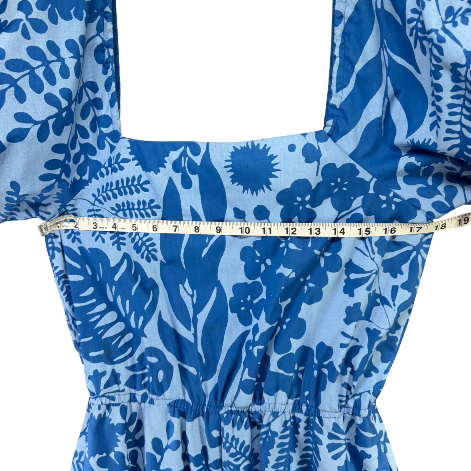 Vintage Ruth Clarage Made in Jamaica Hand Printed Blue Tropical Midi Dress 10