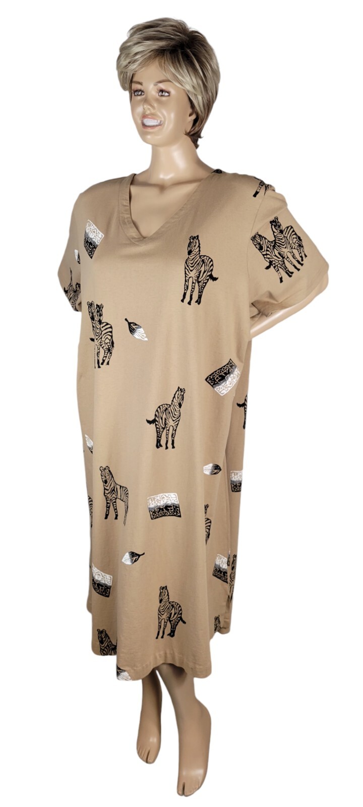 Vintage Copa Cabana Original Tan Safari Black White Zebra Cotton Shirt Dress 4X