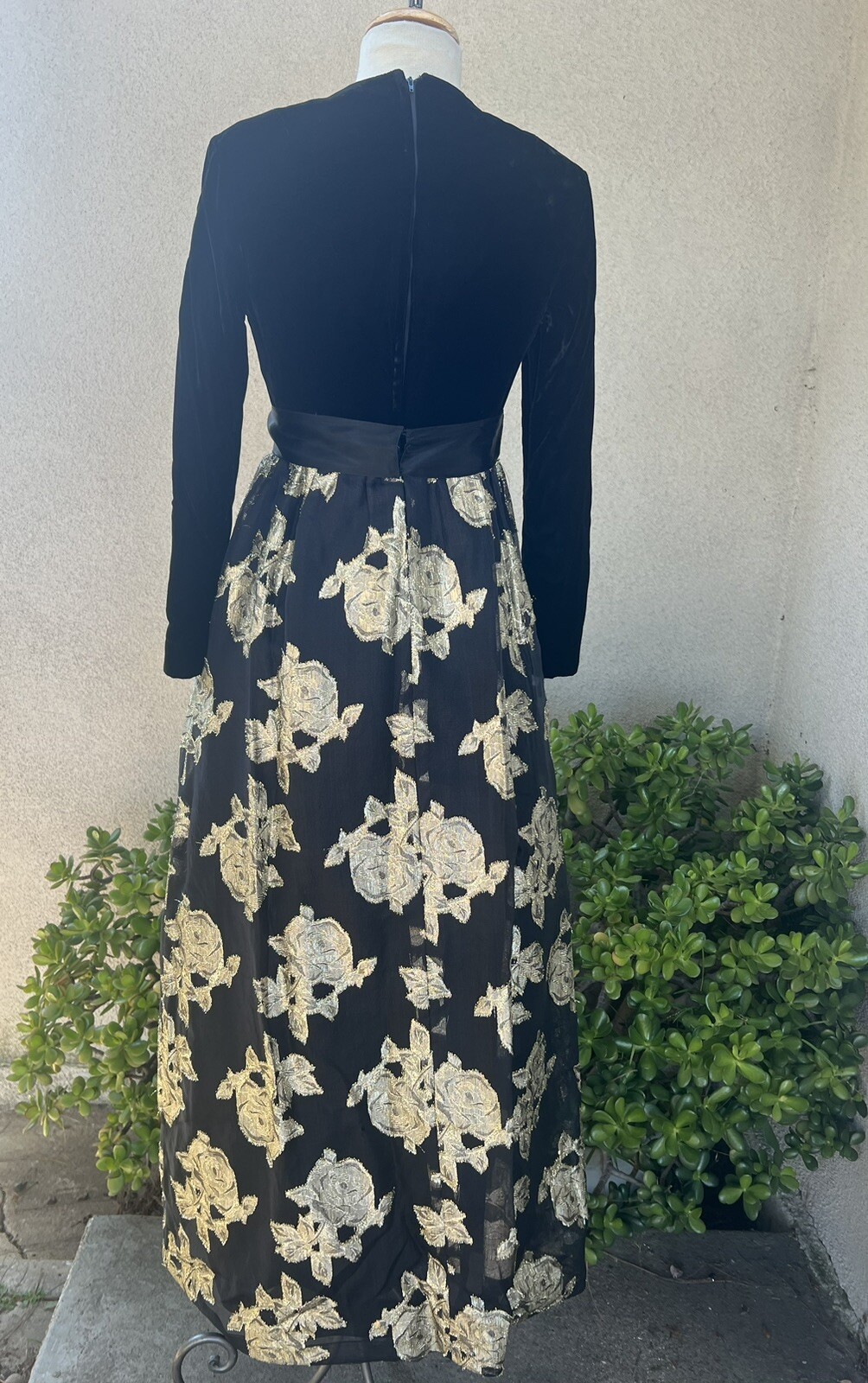 Vtg Glam Maxi Evening Dress Black Gold Velvet Brocade Chiffon 6 Sm Roger Milot
