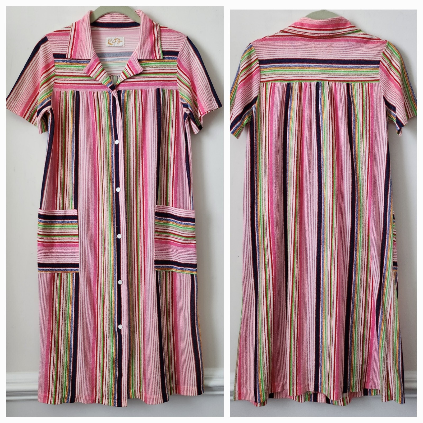 Vintage Katz Loungewear Dress Sleepwear Nightgown Robe Stripes Snap Closure