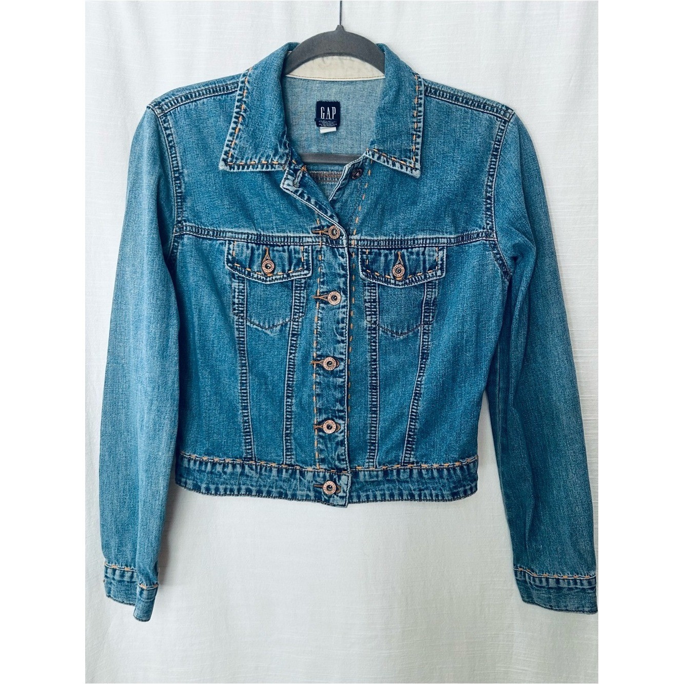 GAP Vintage Y2K circa 2000 Medium Blue Women’s Denim Jacket w/ Orange Stitching