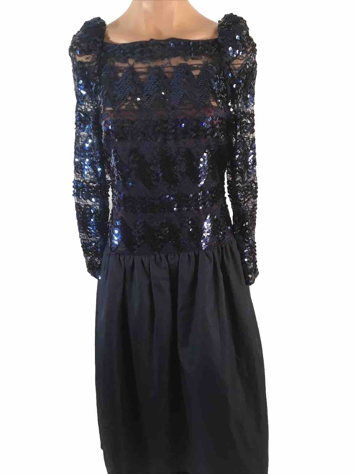 Vintage Neiman Marcus Lee Jordan NY Blue Sequined Women’s dress ILGWU Sz 12