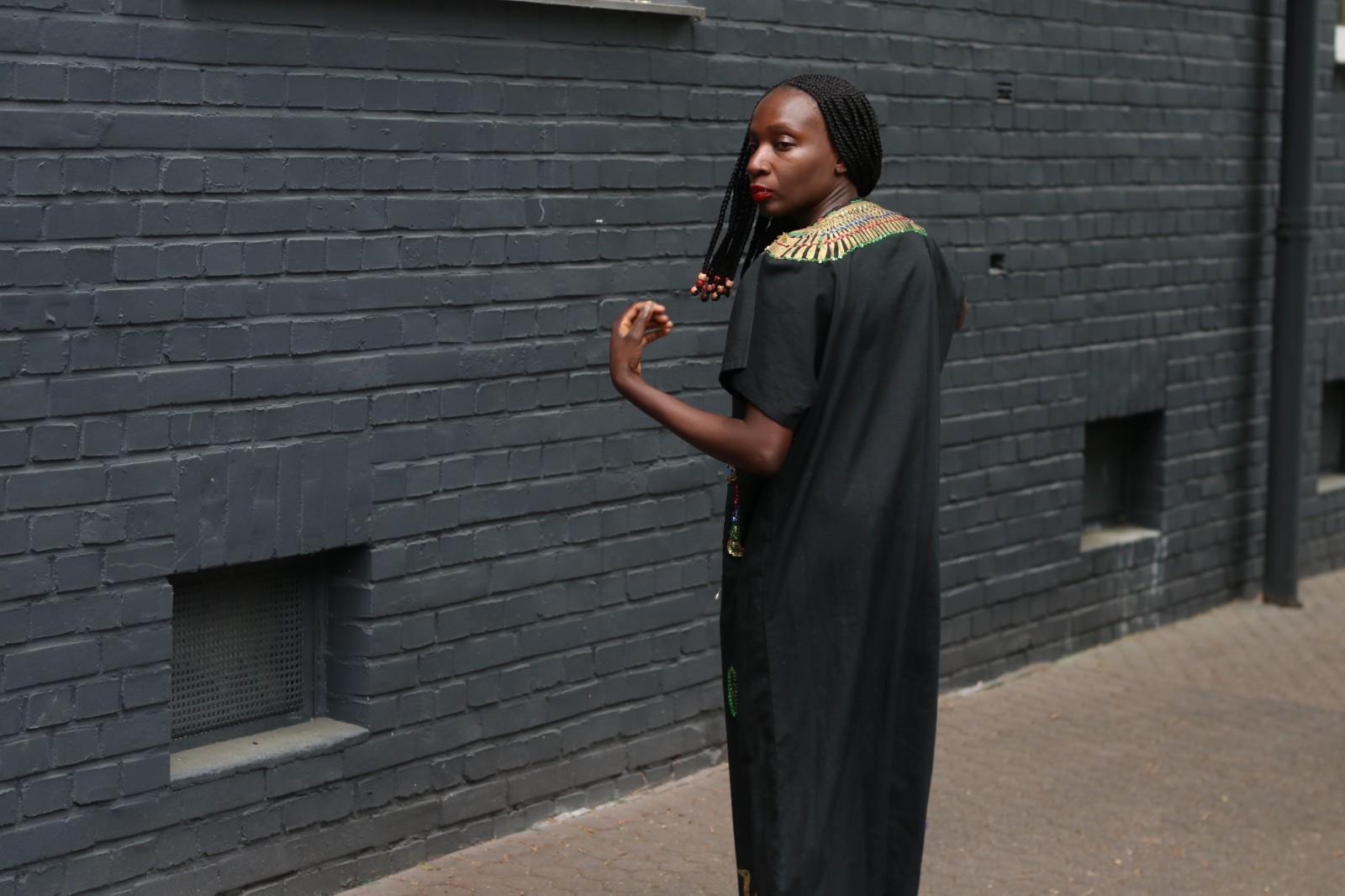 Vintage Egyptian Kaftan Black Gold Embroidered Maxi Dress 70s Boho Caftan
