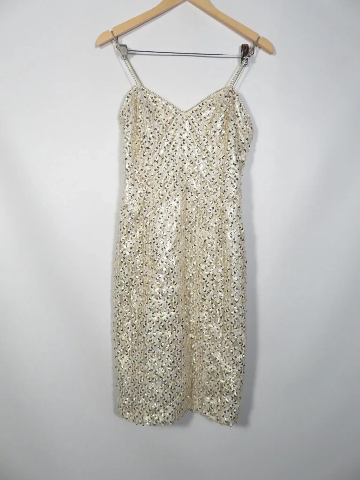 Vintage White And Gold Sequin Cache Lace Up Back Spaghetti Strap Dress Size S