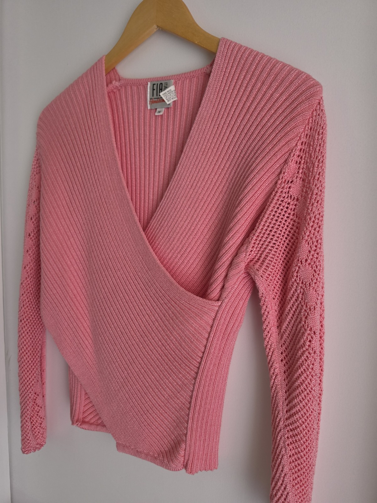 Vintage Fia Italia Handloomed Pink Long Sleeve Wrap Style Sweater Size Medium