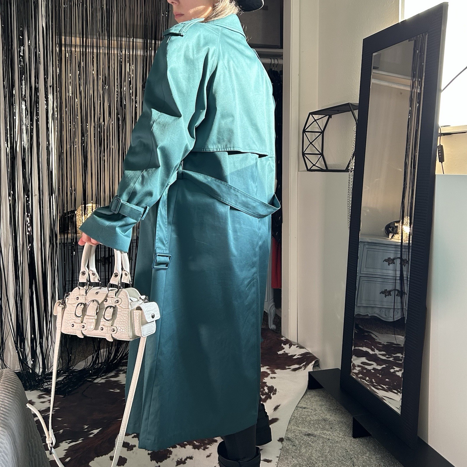 Worthington Petites Teal Polyester Trench Coat Size 10P Double Breasted Belted