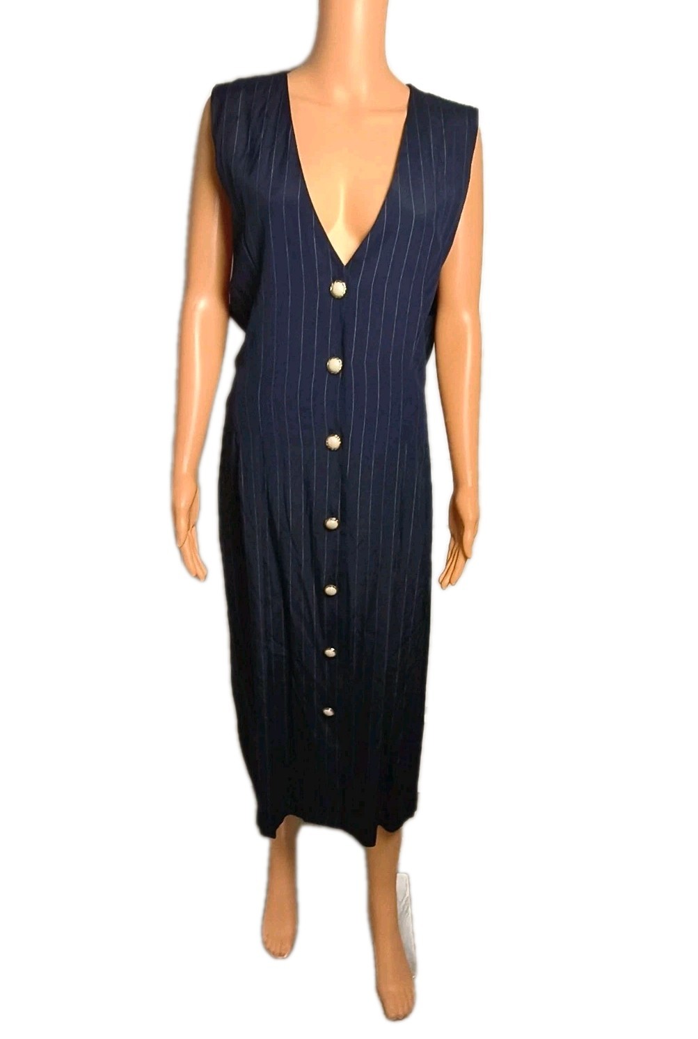Vintage Pinstripe Dress Preppy Pencil Old Money Navy Office Siren -Size 18 -DP14