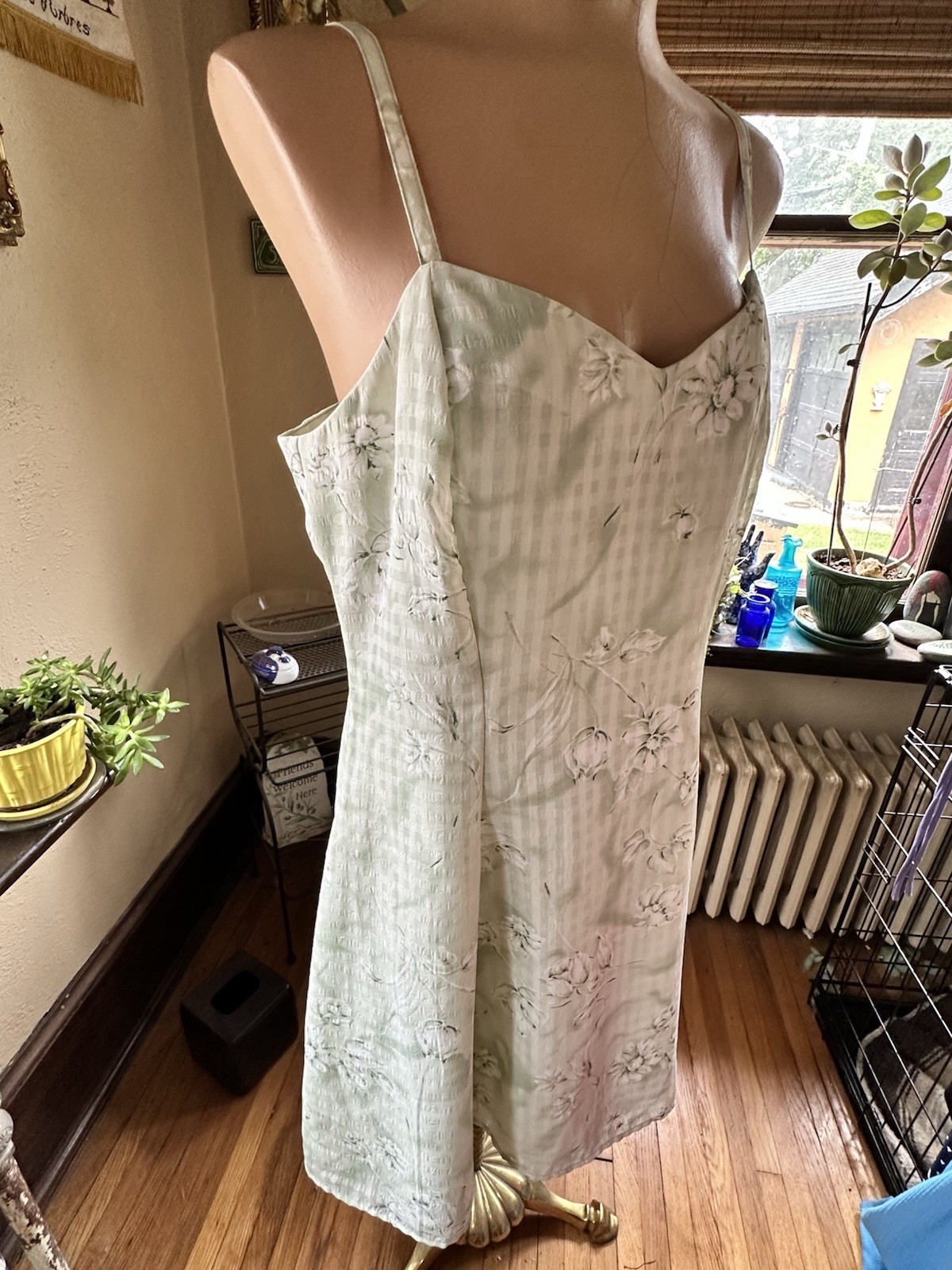 Vintage Cute Summer Dress Size.13 Mint Green Gingham Floral Cottage Core 90s
